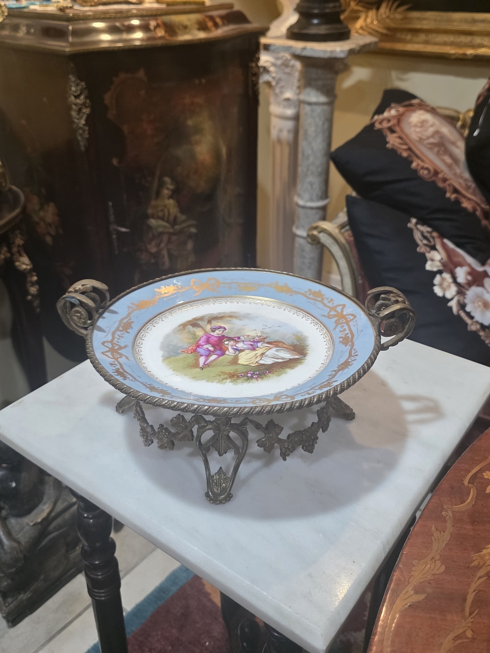 Antique Porcelain Centerpiece Compote Dish with Blue and Gold Accent